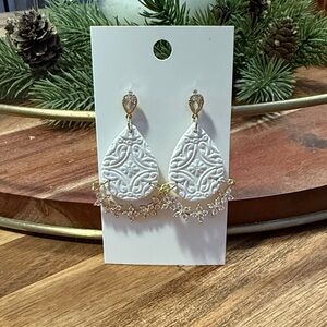 White and Gold Teardrop Clay Earrings